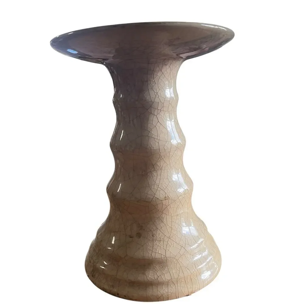 Ceramic Pillar Candle Holder Base Stand Pedestal Crackle Glaze Tan Retro Chic
